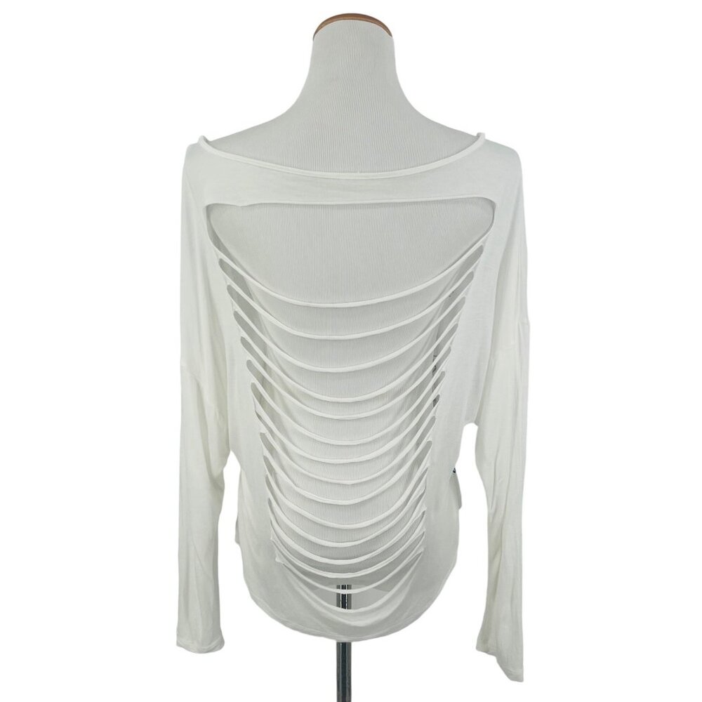 Slouchy White Black Graphic Print Cut-Out Slashed Back L/S Top | Streetwear Glam - Picture 5 of 10